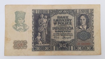 Старая коллекционная банкнота Польша 20 злотых 1940 года.