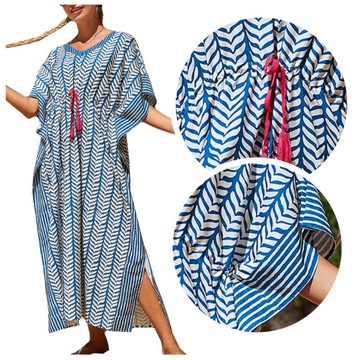 PAREO długa narzutka LETNIA tunika BOHO sukienka niebieska Z PASKIEM