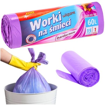 Worki na Śmieci 60L Mocne Fioletowe 15+1 SZT FINE