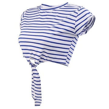 Women Crop Top Striped Short Sleeve Shirt M Blue