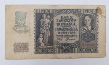 Старая коллекционная банкнота Польша 20 злотых 1940 года.