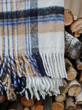 Плед шерстяной с бахромой 160х200, бежевый, темно-синий в клетку