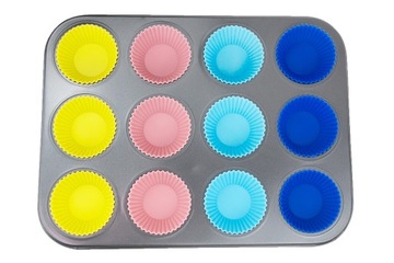 BLACHA na MUFFINKI + 12 SILIKONOWYCH FOREMEK do BABECZEK FORMA NA CIASTKA