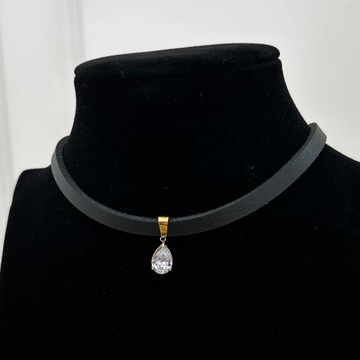 Choker skórzany zawieszka cyrkonia na szyję czarny łezka nierdzewna