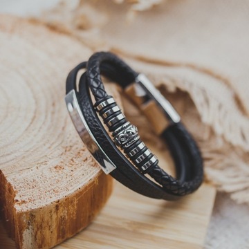 ЧЕРНЫЙ кожаный браслет, ХИРУРГИЧЕСКАЯ СТАЛЬ 316L