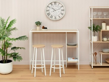 PRAKTYCZNY STÓŁ BAROWY Z PÓŁKAMI I HOKERAMI EVERT DĄB SONOMA PODSTAWA BIAŁY