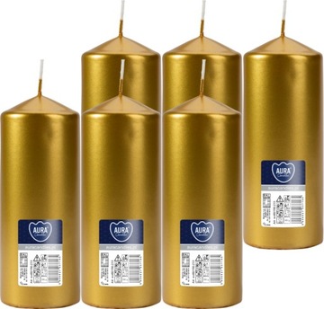 6X ZŁOTY METALIK Świeca walec bezzapachowa ŚWIECZKA PARAFINOWA 15CM 48H