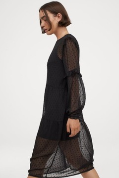 H&M sukienka oversize falbany transparentna maxi bufki czarna tiulowa długa