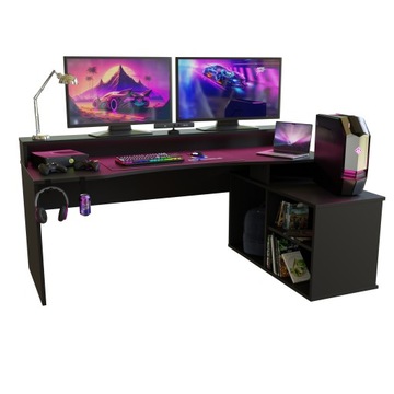 Duże czarne biurko gamingowe z półkami 200 cm SUPERNOVA214 LED, szerokie