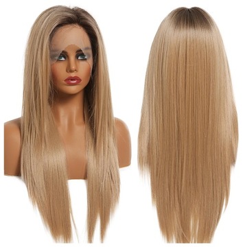 PERUKA blond brąz DŁUGIE proste włosy LACE FRONT