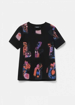 DESIGUAL CZARNY T-SHIRT KOLOROWY NADRUK (L)