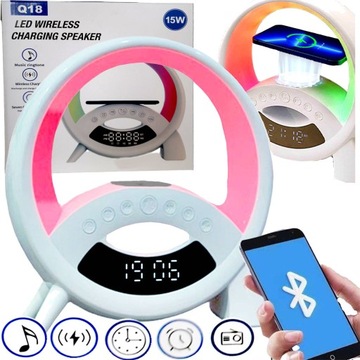 Lampka z Ładowarką Indukcyjną Bezprzewodową Głośnik Bluetooth Zegar Budzik