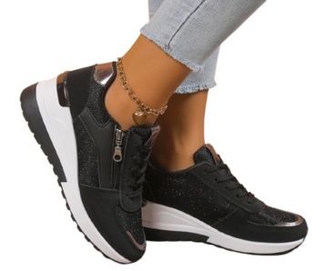 SNEAKERSY ADIDASY NA KOTURNIE PLATFORMIE BŁYSZCZĄCE CZARNE BROKATOWE 39