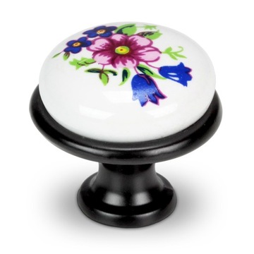 GAŁKA MEBLOWA CZARNA GAŁKA DO SZAFKI SZUFLADY PORCELANOWA ZE WZOREM RETRO