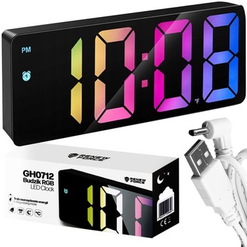 Zegar Termometr BUDZIK Elektroniczny LED Alarm RGB