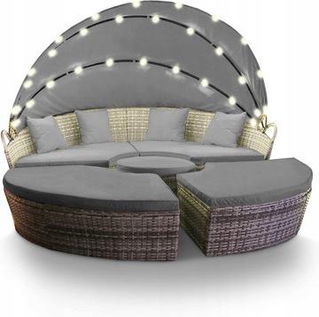 SOFA WYSPA OGRODOWA słoneczna rattanowy salon leżak 180cm LED Zestaw szary