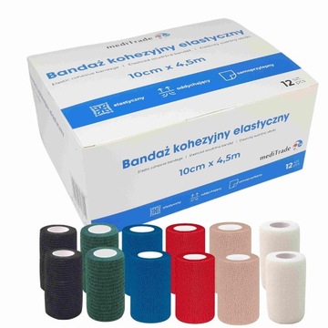 12x BANDAŻ KOHEZYJNY ELASTYCZNY SAMOPRZYLEPNY 10cmx4,5m kolory zestaw 12szt