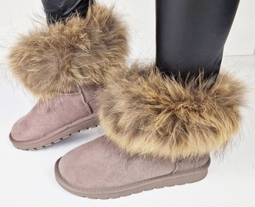 SZARE SKÓRZANE ŚNIEGOWCE BUTY BOTKI Z FUTREM 38