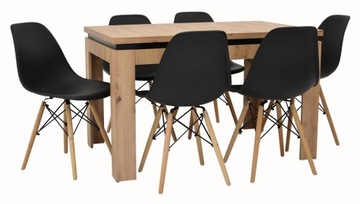 SKANDYNAWSKI komplet do salonu stół 120/160 + 6 x czarne krzesła kubełkowe
