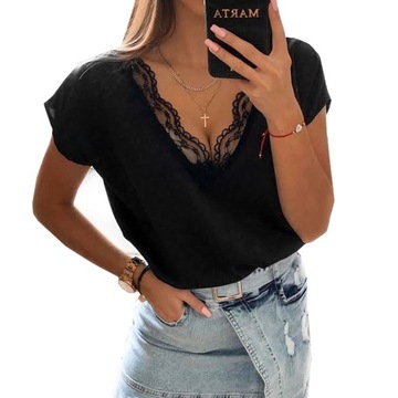Elegancka bluzka damska prosta luźna z koronką klasyczna modna wygodna