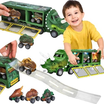 AUTO DINOZAUR ZE ZJEŻDŻALNIĄ LAWETA tir autka W WALIZCE POJAZDY DINOZAURY