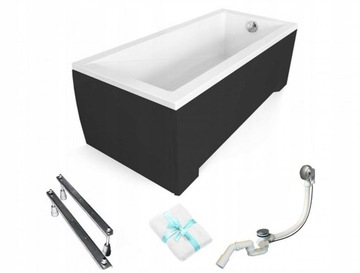 Wanna prostokątna czarna obudowa Modern 180x80 Besco syfon nogi ręcznik