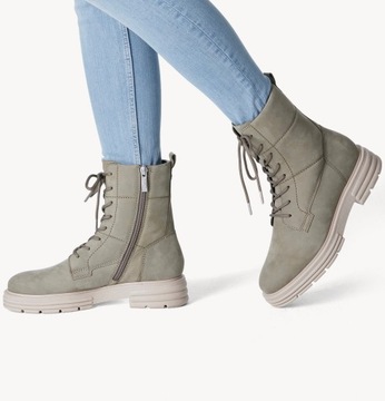 Buty damskie botki ocieplane khaki Tamaris skórzane bikery rozmiar 38