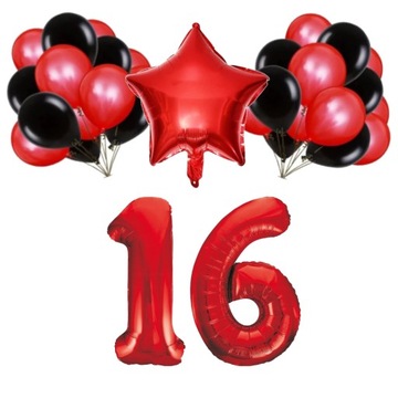 ZESTAW BALONY 16 URODZINY CZERWONY CZARNY 16 ROCZNICA ŚLUBU