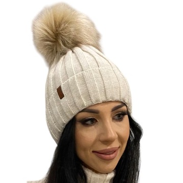 CZAPKA ZIMOWA DAMSKA POMPON SZTUCZNY JENOT GRUBA n
