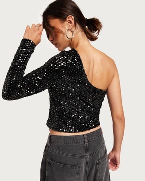 ONLY CZARNY CROP TOP ASYMETRIA CEKINY WELUR ZDOBIENIE 92U NG5__L