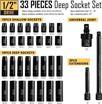 NASADKI UDAROWE 1/2 ZESTAW NASADEK UDAROWYCH 8-22mm 33szt