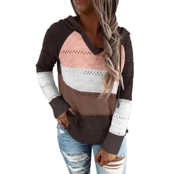 Autumn Patchwork Hooded Sweater Women Casual Long