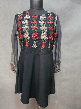 New Look sukienka czarna elegancka haft rozkloszowana maxi 50