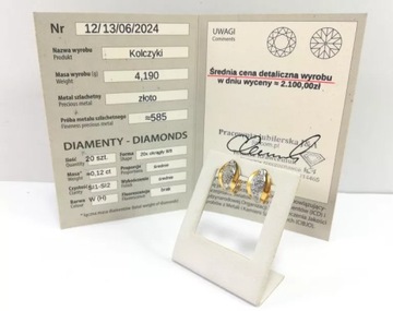 ZŁOTE KOLCZYKI DIAMENTY 0,12CT PR585 4,19G CERTYFIKAT