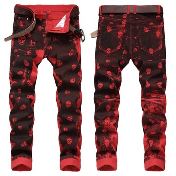 Men’s skull prints elastic denim pants street fas