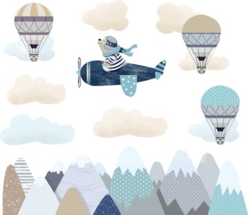 NAKLEJKI NA ŚCIANĘ MIŚ PILOT GÓRY BALONY 100x200cm BK10