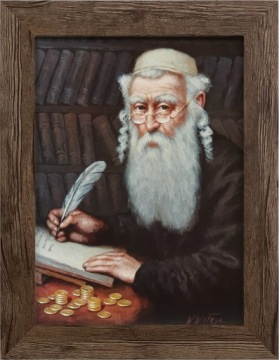 OBRAZ 29x22 ŻYD LICZĄCY PIENIĄDZE DĘBOWA RAMA