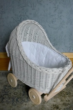 СЕРАЯ плетеная кукольная коляска + постельное белье