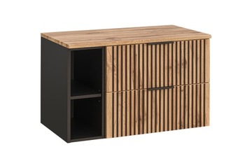 Wisząca Szafka pod UMYWALKĘ Czarna z Regałem 100 cm RYFLOWANA Blat Wotan