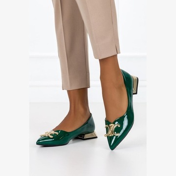 BALERINY LAKIEROWANE DAMSKIE Z OZDOBĄ NA NISKIM OBCASIE WKŁADKA SKÓRA r 39