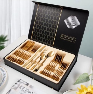 ЧЕРНО-ЗОЛОТОЕ СТОЛОВЫЕ ПРИБОРЫ Набор на 6 персон, 24 шт. СЕРИЯ СТОЛОВ + КОРОБКА