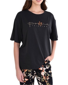 Piżama damska bawełniana koszulka i długie spodnie czarna w kwiaty 4XL