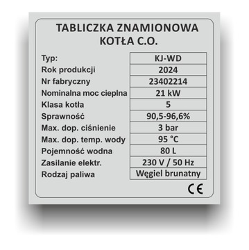 Tabliczka znamionowa na piec, kocioł