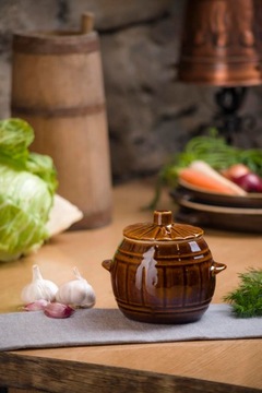 Керамическая бочка, маринованные огурцы, сало, 1 литр