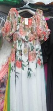 Sukienka długa w kwiaty ecru