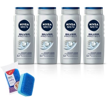 ŻEL POD PRYSZNIC NIVEA MEN 500ML SILVER PROTECT MĘSKI ZESTAW 4 SZT + GĄBKA
