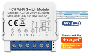ВЫКЛЮЧАТЕЛЬ, РЕЛЕ, ВЫКЛЮЧАТЕЛЬ WIFI, SMART TUYA, 4-КАНАЛЬНЫЙ, 4x150Вт