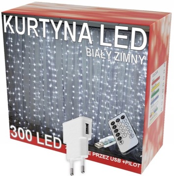 Kurtyna Świetlna 300 LED 3x3 Biały Zimny Druciki Pilot + Wtyczka USB