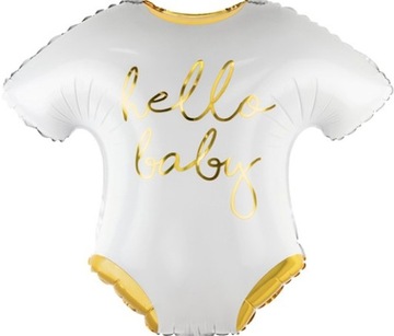 BALON FOLIOWY ŚPIOSZKI HELLO BABY BIAŁY ZŁOTY NA BABY SHOWER GENDER REVEAL