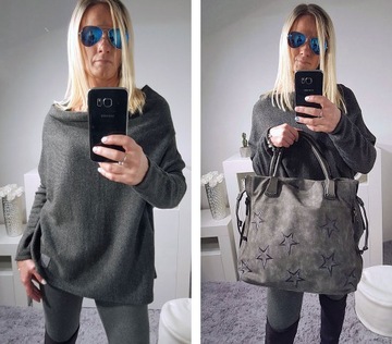 SWETEREK OVERSIZE TUNIKA SWETER WOOL ODKRYTE RAMIĘ